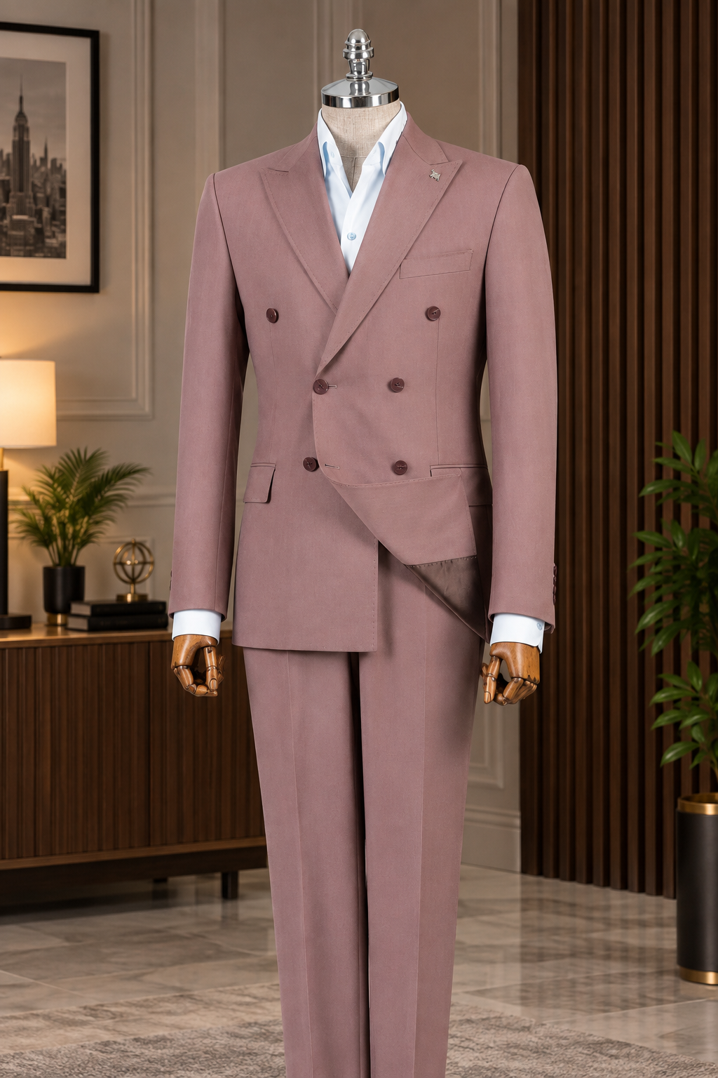 Dusty-Pink Double Breasted Suit 2-Piece by Sana Tailor, Jaipur — garment view 1