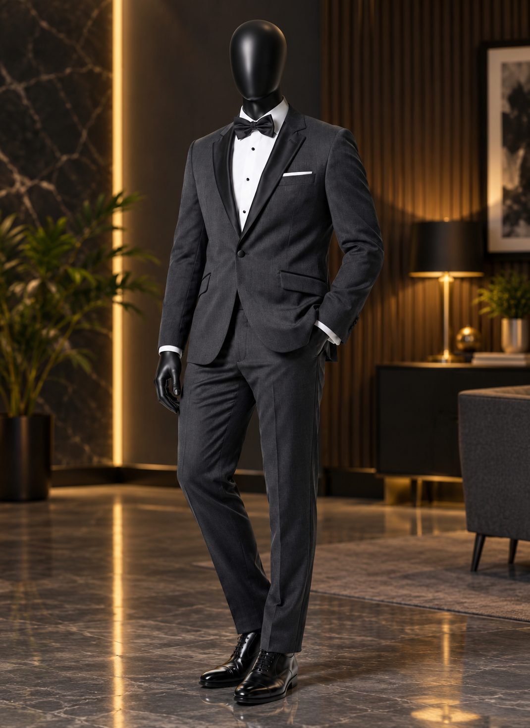Charcoal slim fit Tuxedo with handkerchief & wide black lapel by Sana Tailor, Jaipur — garment view 1