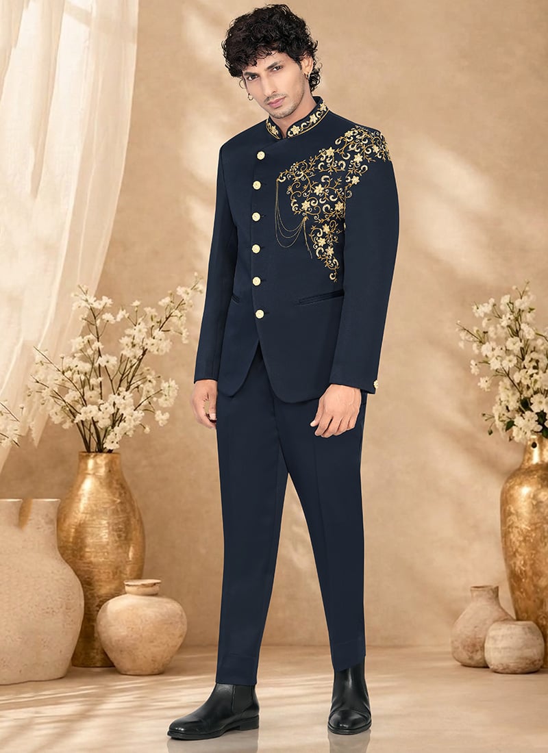 Royal Embroidered Navy Bandhgala by Sana Tailor, Jaipur — garment view 1
