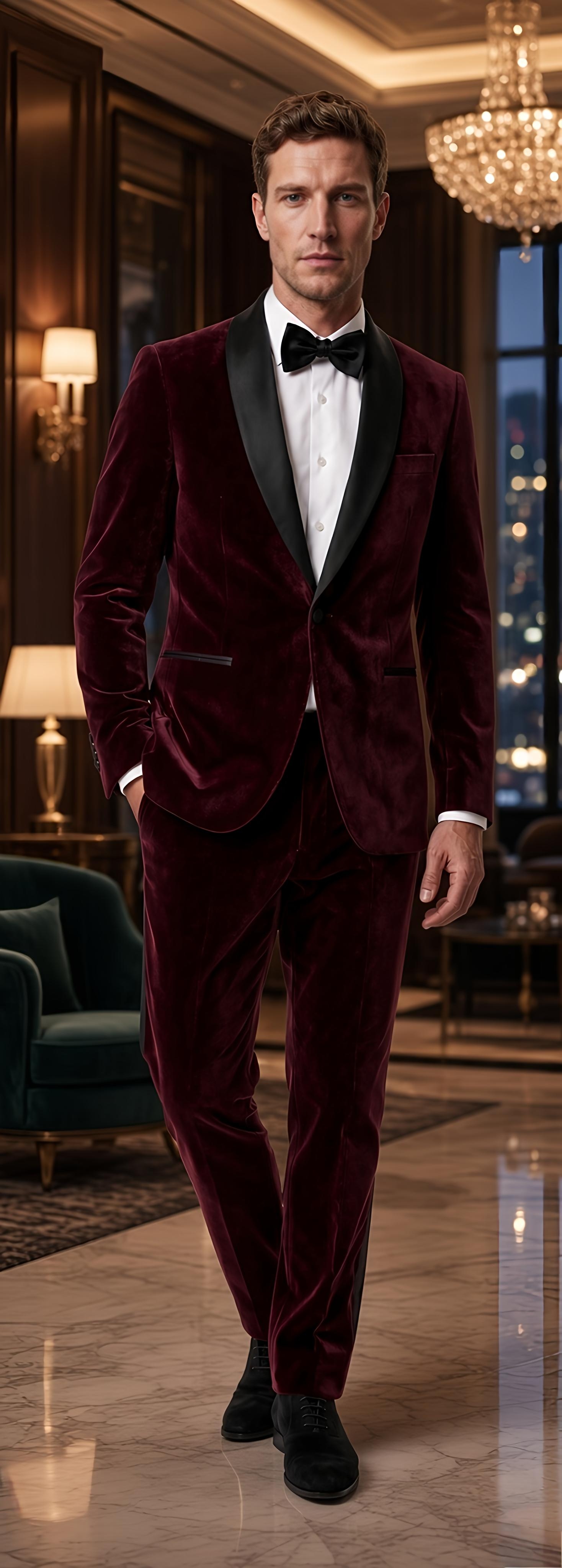 Burgundy Velvet Tuxedo by Sana Tailor, Jaipur — garment view 1