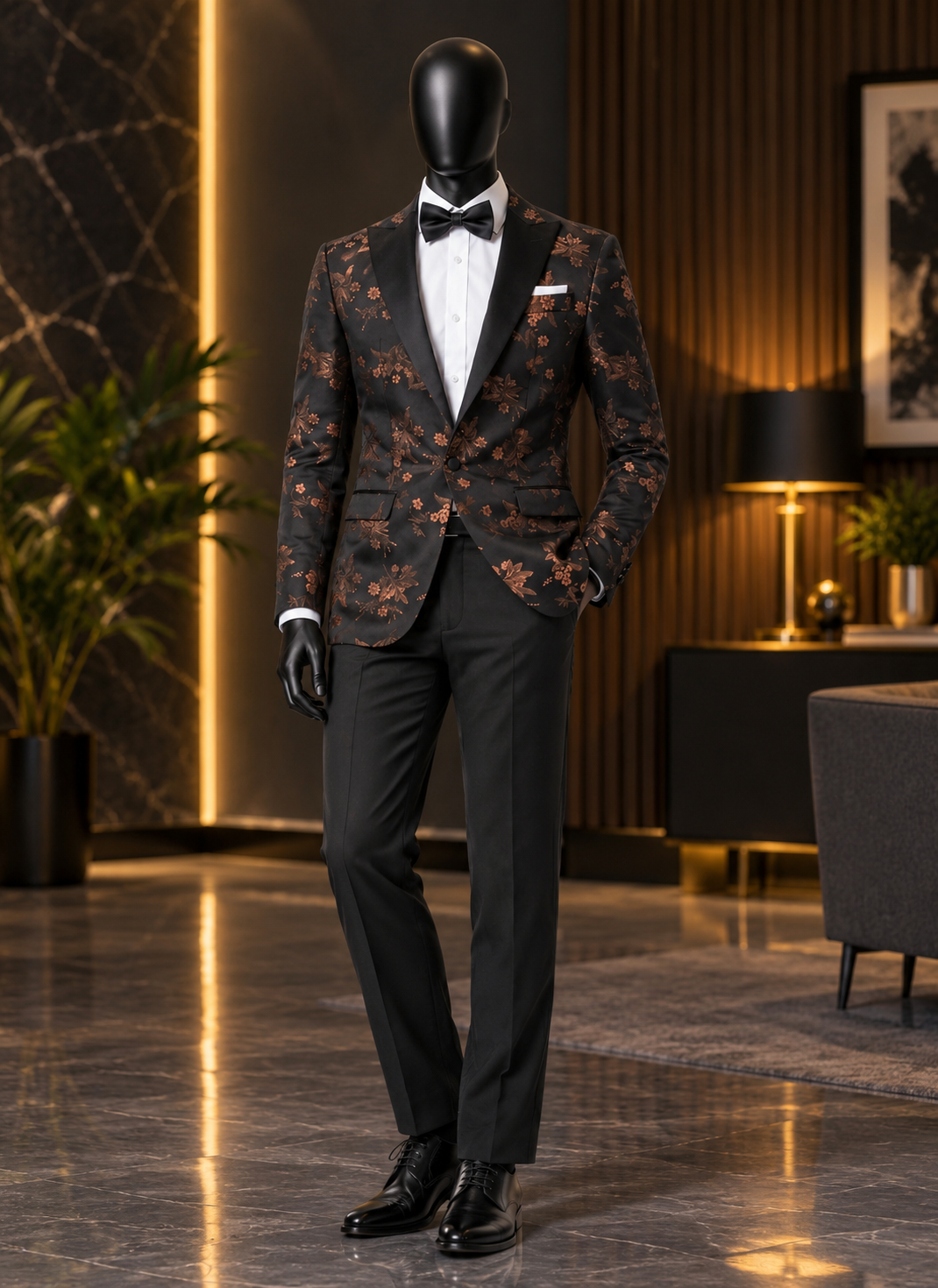 Black floral jacquard Tuxedo with peak lapels by Sana Tailor, Jaipur — garment view 1