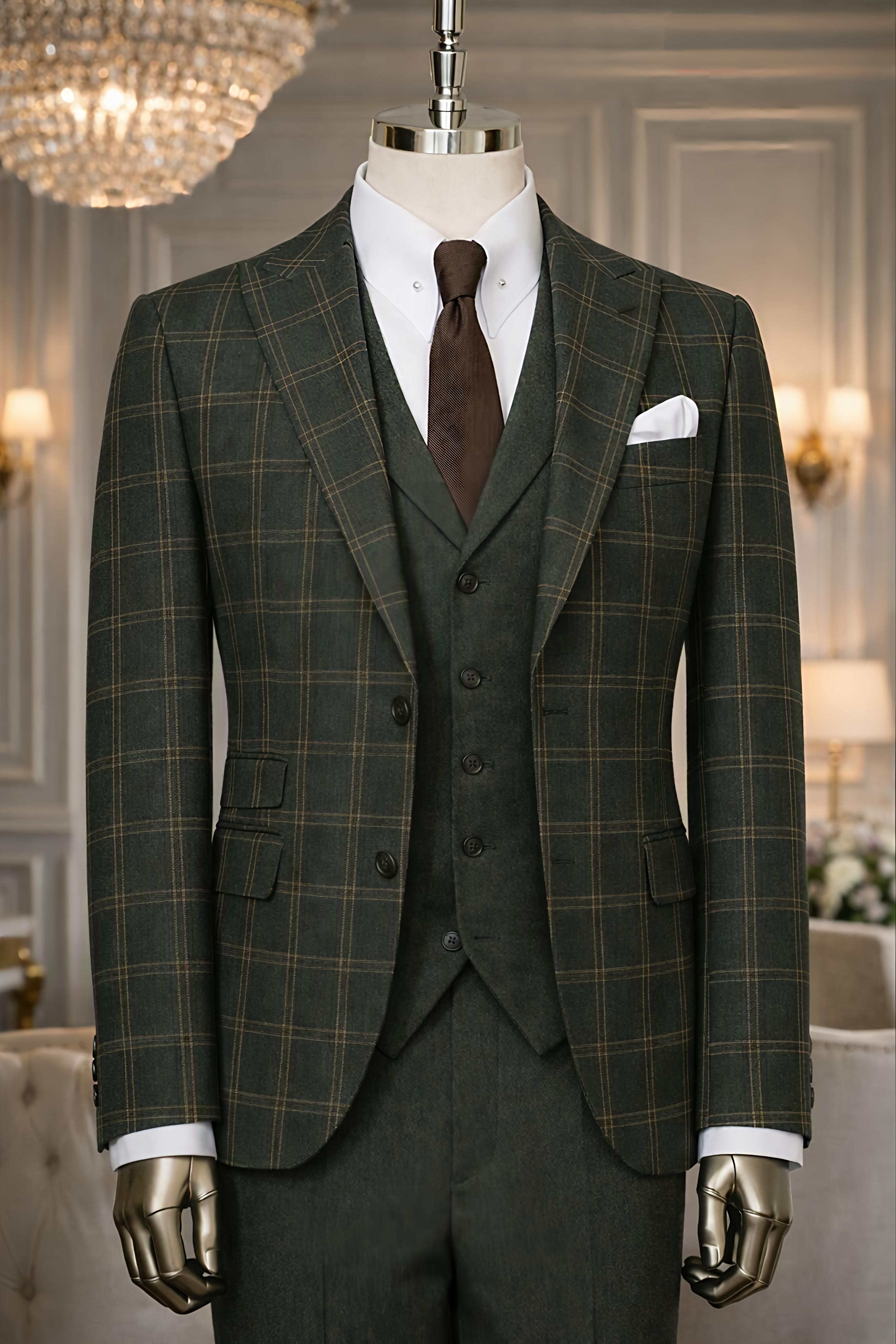 Green Plaid Slim-Fit Suit 3-Piece by Sana Tailor, Jaipur — garment view 1