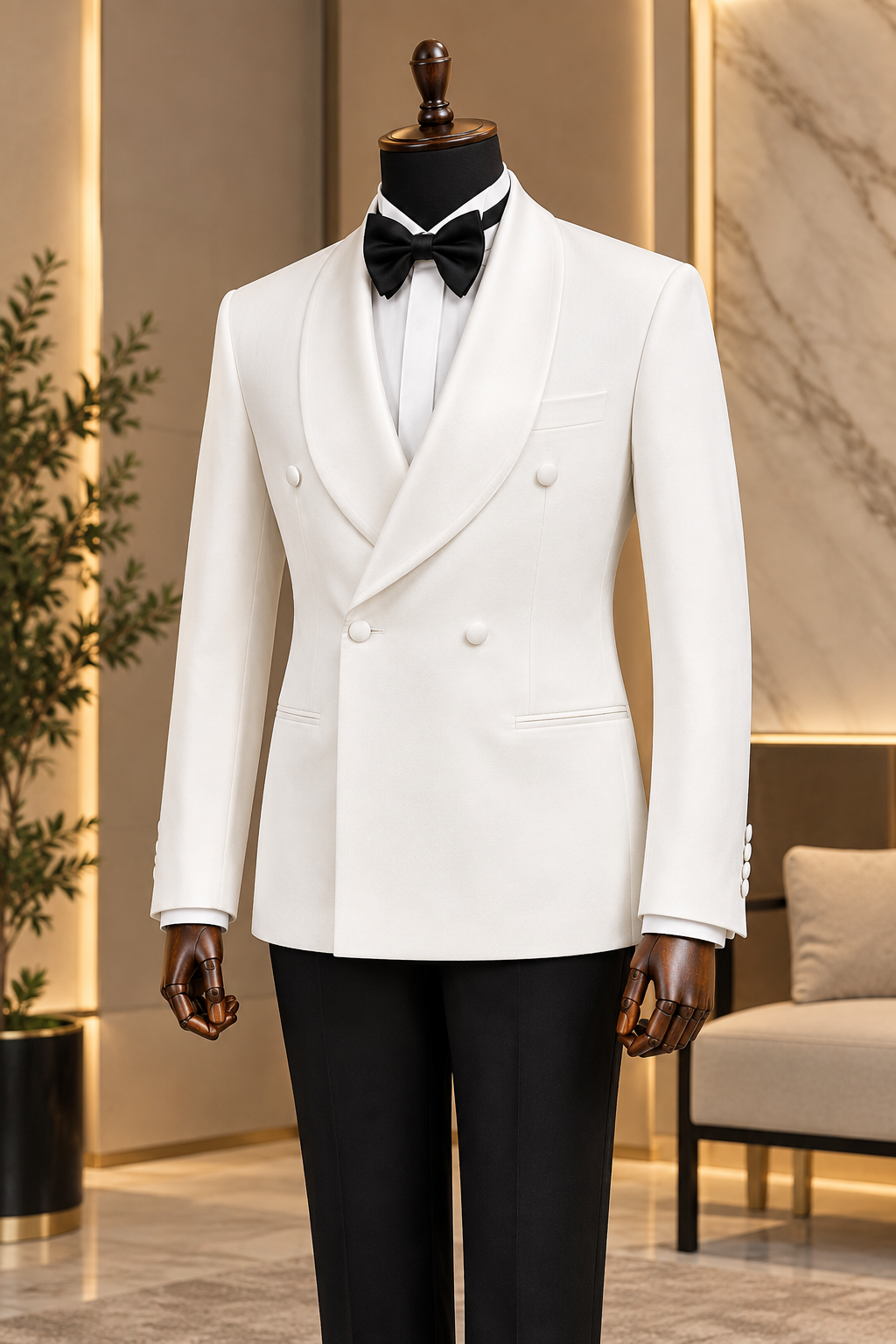 White Double Breasted Tuxedo 2-Piece by Sana Tailor, Jaipur — garment view 1