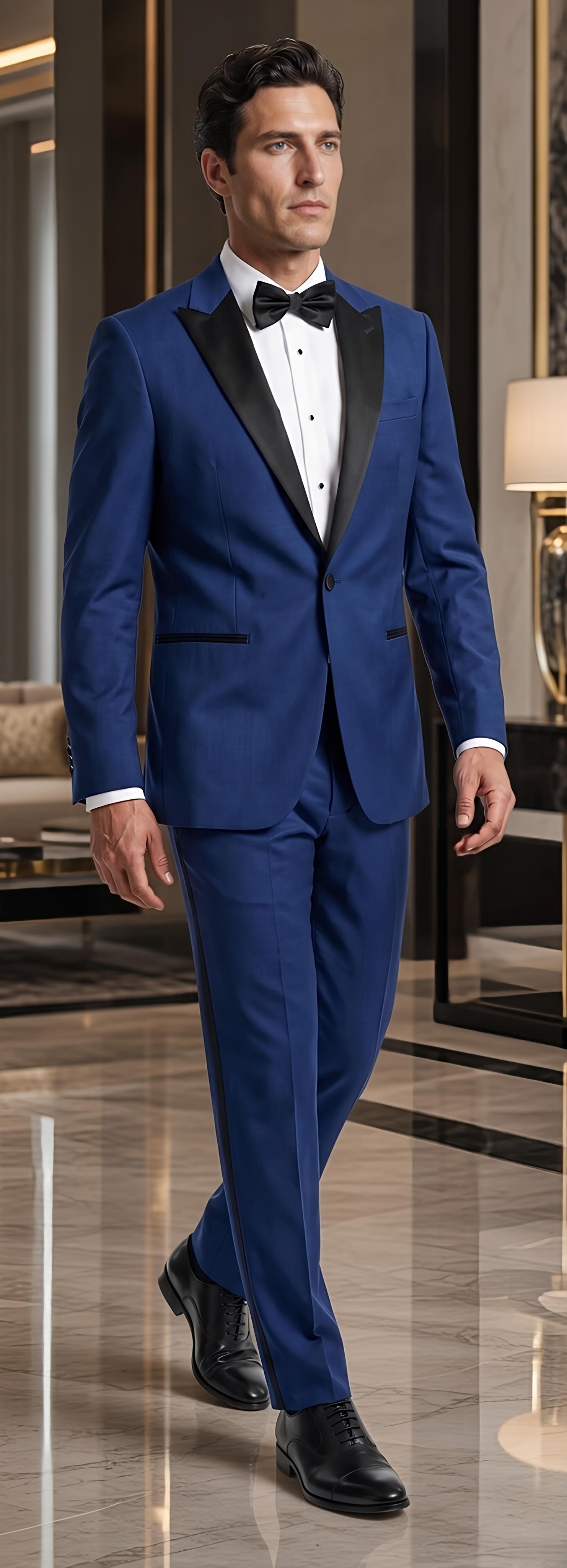 Royal blue slim fit Tuxedo with handkerchief & wide black lapel by Sana Tailor, Jaipur — garment view 1
