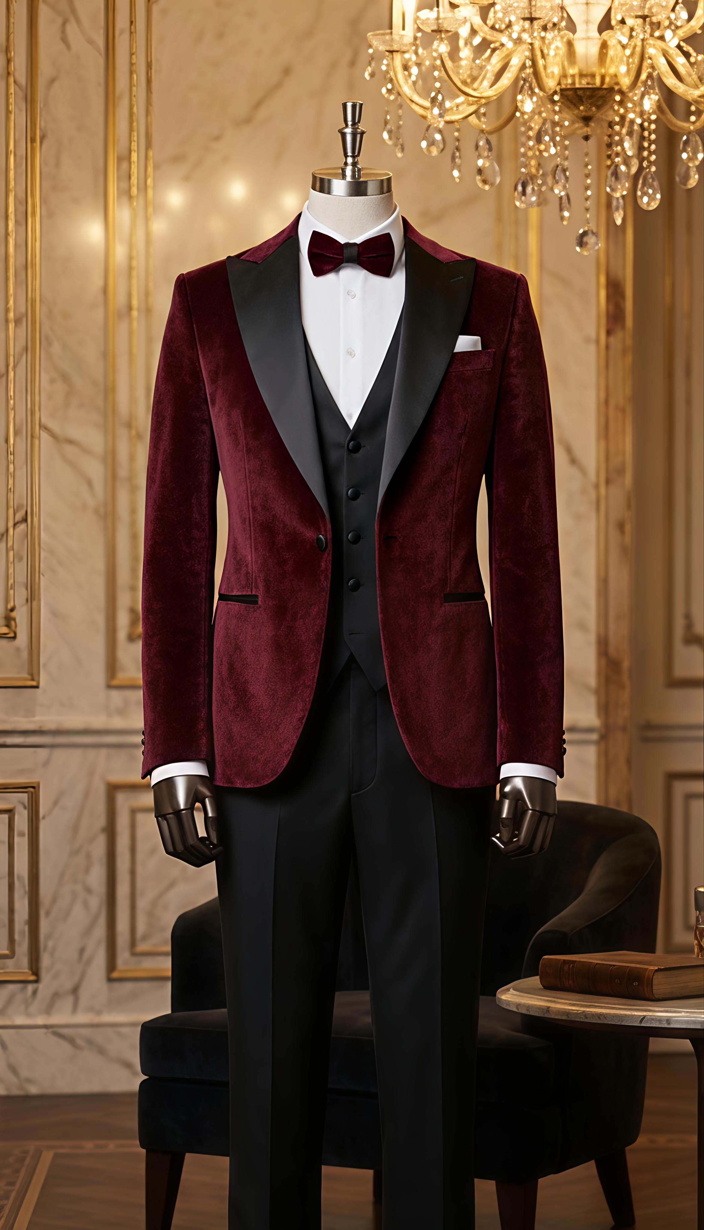 Bordeaux Velvet Slim-Fit Tuxedo 3-Piece by Sana Tailor, Jaipur — garment view 1