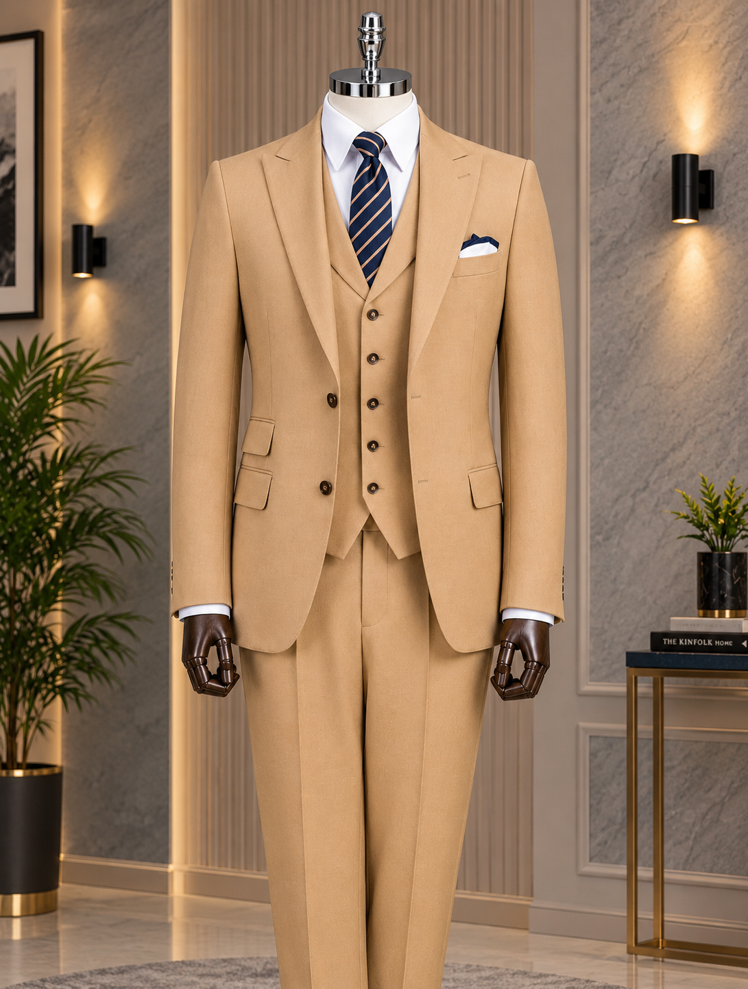 Camel Slim-Fit Suit 3-Piece by Sana Tailor, Jaipur — garment view 1